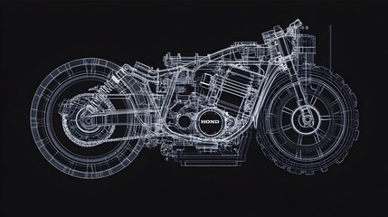Detailed Mechanical Blueprint of Classic Motorcycle Design