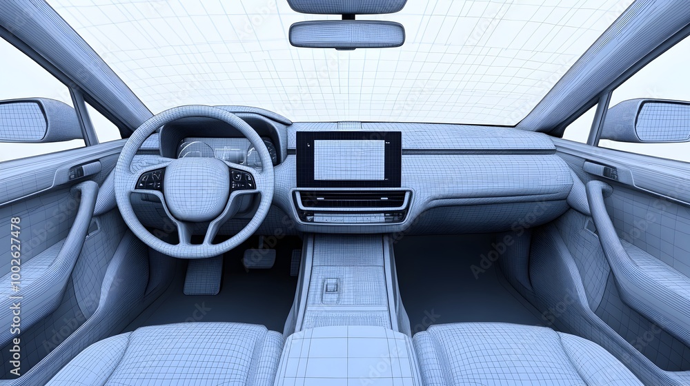 Poster cutting-edge automotive dashboard with futuristic digital controls and infotainment system