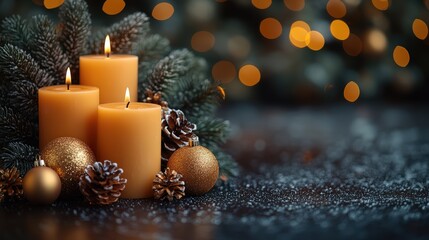 Warm candlelight illuminates a cozy wooden table adorned with pinecones and festive greenery, evoking a serene holiday ambiance.