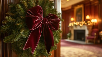 Elegant Christmas Wreath with Velvet Bow on Festive Door