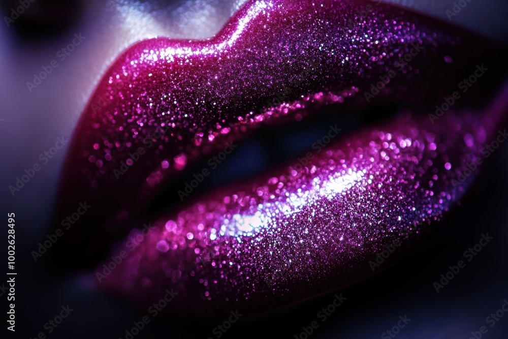 Aufkleber close-up of glossy, vibrant lips with a shimmering finish during a makeup session in a studio settin