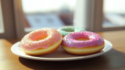 High-angle shot of a plate of donuts with holes, topped with different colors, with clear windows providing bright natural light.