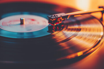 Vintage record player spinning a vinyl disc with glowing bokeh lights in the background, capturing nostalgia and retro music vibes concept