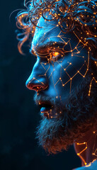 Mythology Greek God Heracles illustrated through Luminescent Wireframe Geometry, highlighting structural forms with glowing lines
