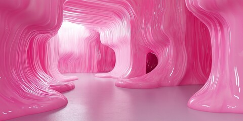 A shiny, surreal pink cavern-like room with flowing columns and soft, glossy surfaces, creating a whimsical atmosphere.