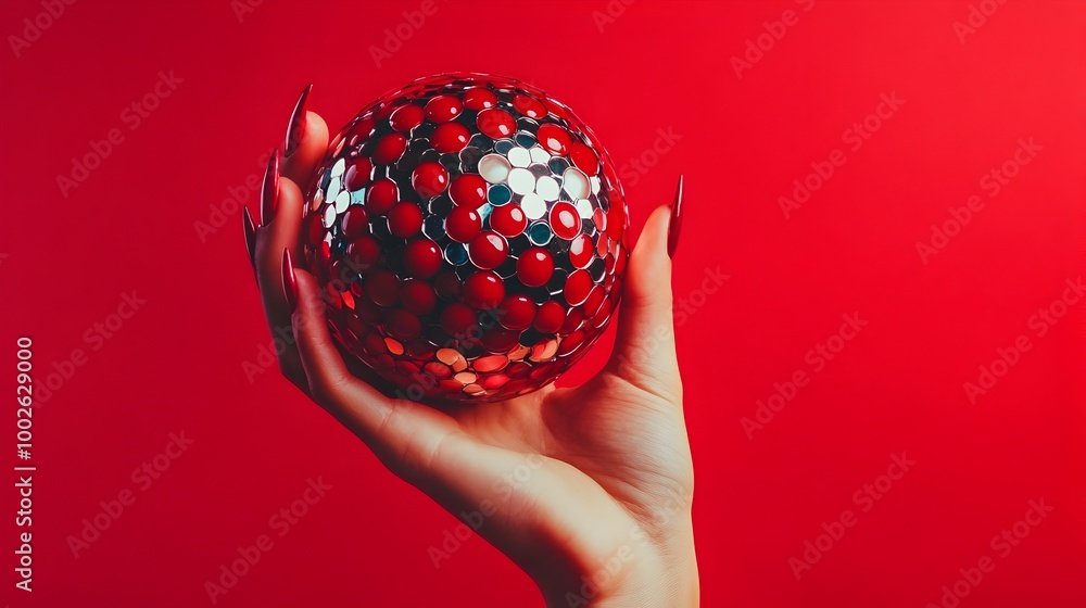 Poster Hands Holding Patterned Spherical Object on Vibrant Red Background