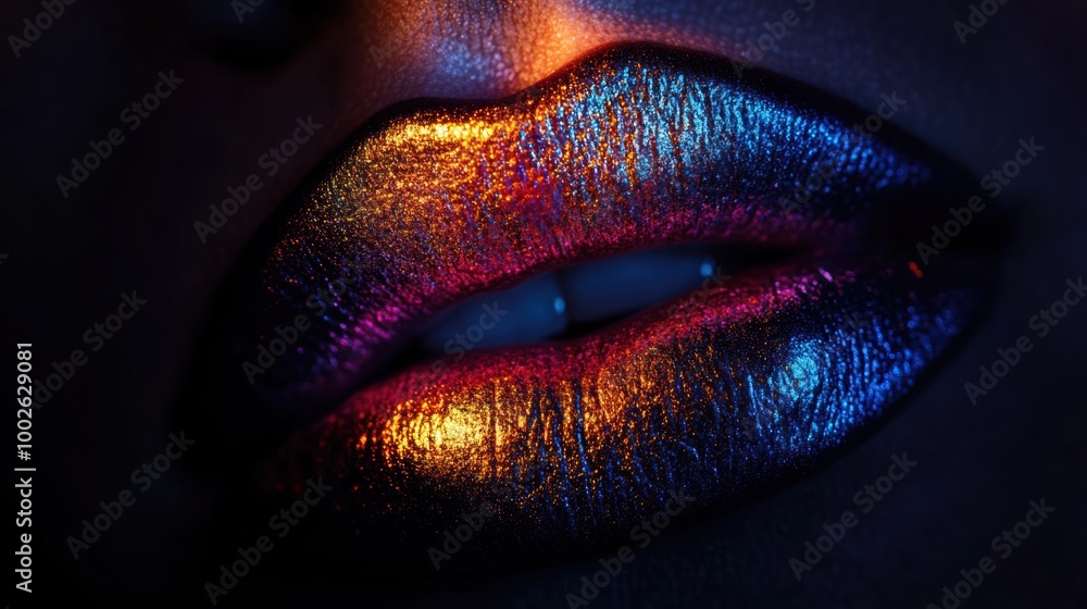Poster a close-up view of glossy lips reflecting vibrant colors under soft light during an artistic beauty 