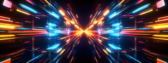 Obraz premium Abstract background with colorful light streaks and geometric shapes, creating an atmosphere of energy and excitement for the digital tech conference presentation or event