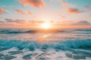Naklejka premium Ocean waves crash gently as the colorful sunset paints the horizon with tranquility.