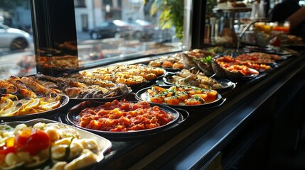 Obraz premium High-angle view of assorted tapas plates, served at a tapas bar, clear windows providing warm, natural light