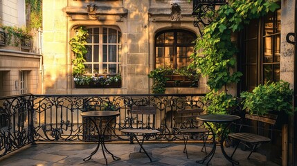 Naklejka premium A romantic with delicate wrought-iron railings, small bistro seating, and climbing plants in a charming street setting