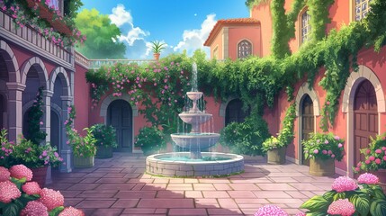 Fototapeta premium peaceful anime theme of the nice weather day in pinky garden