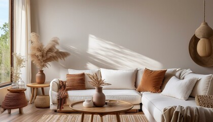 A boo-themed living room with a white sofa and cozy brown pillows, paired with a round wooden coffee table displaying a clay vase, set against an uncluttered background to highlight t