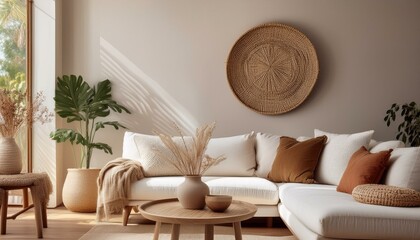 A boo-themed living room with a white sofa and cozy brown pillows, paired with a round wooden coffee table displaying a clay vase, set against an uncluttered background to highlight t