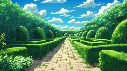 peaceful anime theme of the cloudy weather, in the maze garden