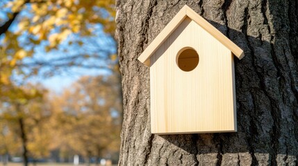 A wooden birdhouse is nestled on a tree trunk, adorned with snow, surrounded by a tranquil winter landscape showcasing the beauty of nature