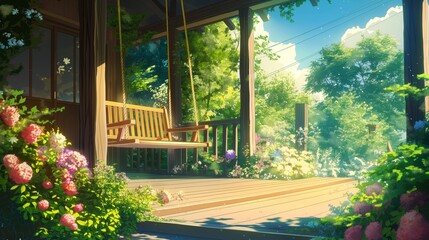 Fototapeta premium peaceful anime theme of the swings at the wooden house