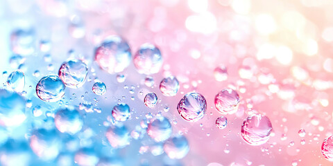 A large number of small, clear, and shiny water droplets scattered across a pink