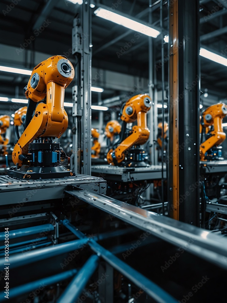 Poster robots working in a smart manufacturing factory.