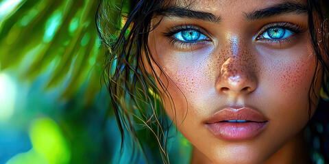 A woman with blue eyes and a tan complexion