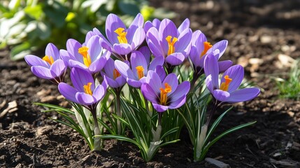 Vibrant purple crocus flowers blooming in the garden during early spring sunlight