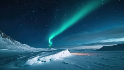 Naklejka premium Stunning night landscape with northern lights illuminating a snowy terrain under a starry sky.