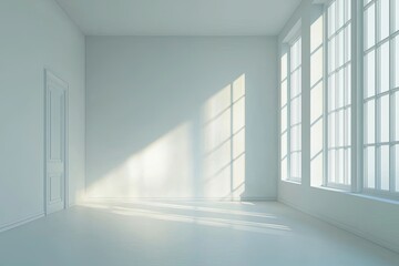Fototapeta premium A minimalist empty room featuring natural sunlight reflections on the white walls and tiled floor, creating a serene, open atmosphere
