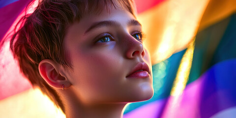 Obraz premium A young woman with short hair and a rainbow flag behind her