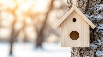 A wooden birdhouse is nestled on a tree trunk, adorned with snow, surrounded by a tranquil winter landscape showcasing the beauty of nature