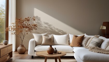 A stylish minimalistic-themed living room with a white sofa and cozy brown pillows, paired with a round wooden coffee table displaying a clay vase, set against an uncluttered background to highlight t