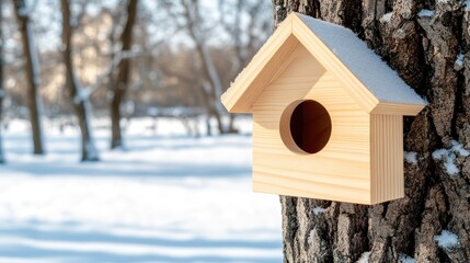 A wooden birdhouse is nestled on a tree trunk, adorned with snow, surrounded by a tranquil winter landscape showcasing the beauty of nature