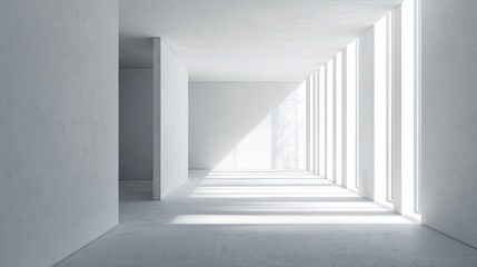 Obraz premium A minimalist empty room featuring natural sunlight reflections on the white walls and tiled floor, creating a serene, open atmosphere