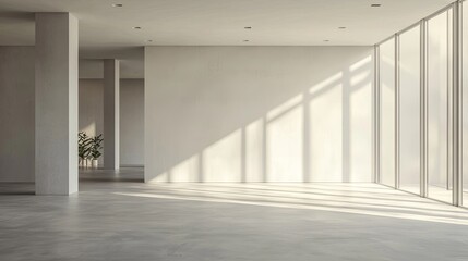 A minimalist empty room featuring natural sunlight reflections on the white walls and tiled floor, creating a serene, open atmosphere