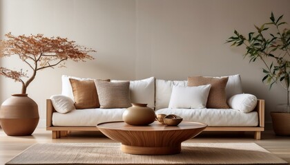A stylish asian style-themed living room with a white sofa and cozy brown pillows, paired with a round wooden coffee table displaying a clay vase, set against an uncluttered background to highlight t