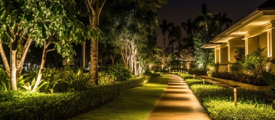 Illuminated Pathway Through a Lush Garden
