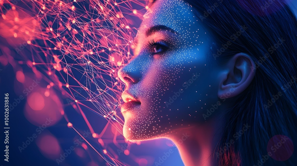 Poster futuristic fractal digital glowing network connection and light particles