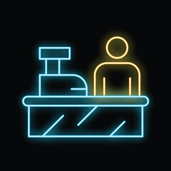 Glowing neon line cashier at supermarket checkout counter icon isolated on black background. Vector illustration