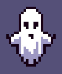 Abstract Halloween ghost in 8 bit pixel art style. This retro pixel art design brings a fun and festive vibe, perfect for decorations, greeting cards, and decor for Halloween party. 
