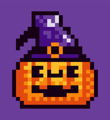Obraz premium Carved pumpkin for Halloween in 8 bit pixel art style. This retro pixel art design brings a fun and festive vibe, perfect for decorations, greeting cards, and decor for Halloween party. 