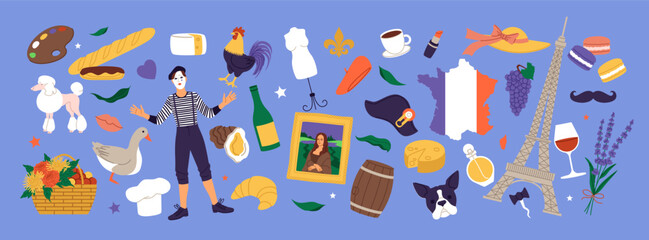 Fototapeta premium Travel in France. French culture. Sightseeing and traditional food. Eiffel Tower. Country map. Kisses in Paris. Mona Lisa. Baguette and croissant. Europe tourism elements set. Vector national clipart