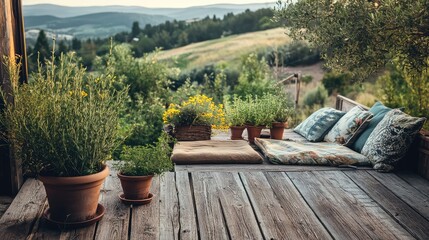 Fototapeta premium A rustic countryside balcony with wooden planks, comfortable cushions, and potted herbs overlooking a serene landscape