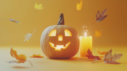 Halloween pumpkins with candles and falling leaves on orange background