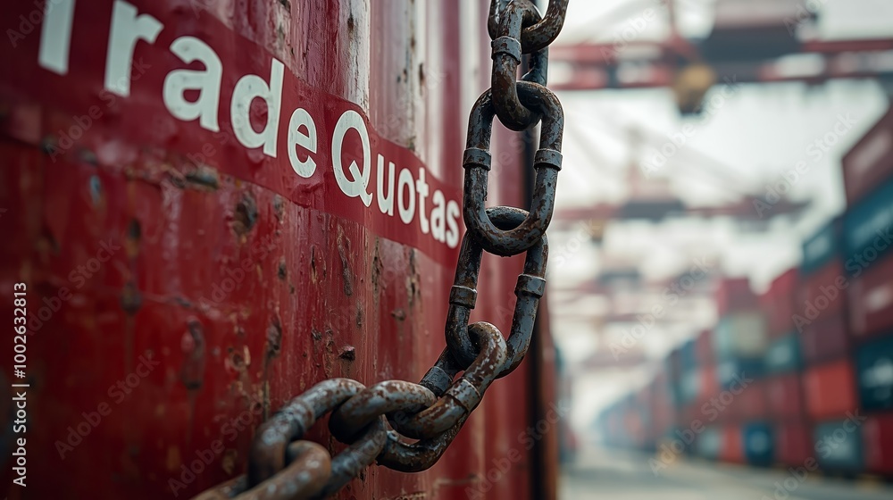 Poster shipping containers locked with chains at dock