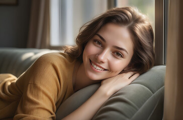 Happy woman relaxing on the sofa at home, Healthy life style