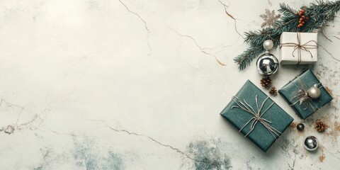Christmas background with decorations and gift boxes. Top view with copy space.