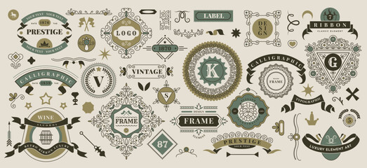 Frame ornament logo. Label element. Flourish design scroll ribbon. Banner shape. Floral decoration. Retro classic ornate. Text luxury old border. Classic calligraphic sign. Vector vintage icons set