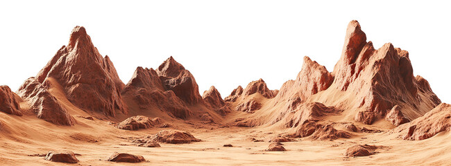 Martian landscape with rocky terrain and red mountains, isolated on transparent cutout background