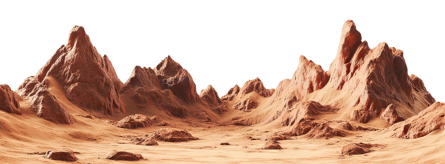 Martian landscape with rocky terrain and red mountains, isolated on transparent cutout background