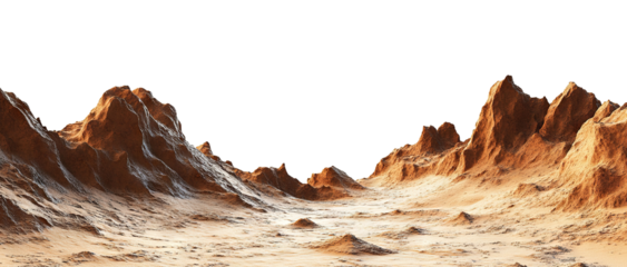 Martian landscape with rocky terrain and red mountains, isolated on transparent cutout background
