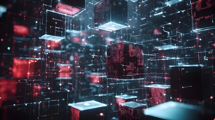 Obraz premium Futuristic Neon Cubes and Geometric Grid in Digital Cyberspace Technology